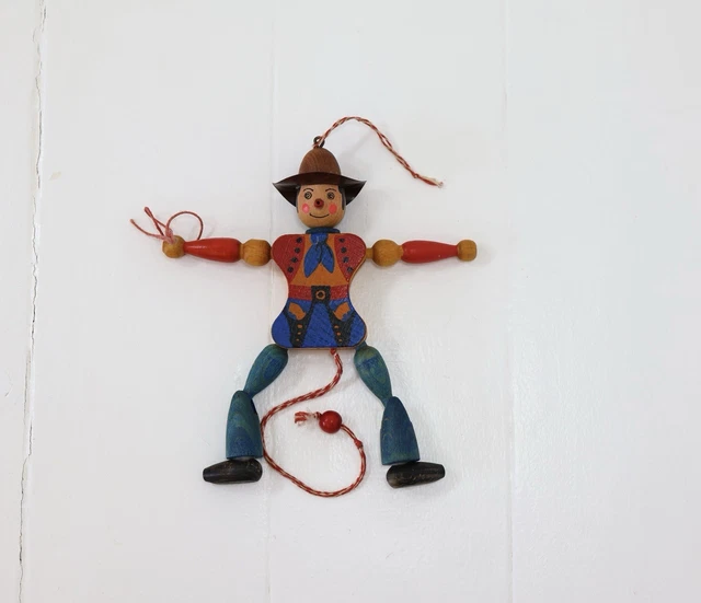 VINTAGE RETRO WOODEN Pull String Jumping Jack Cowboy Puppet Gschnitzer ...