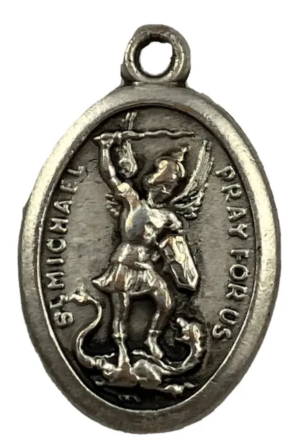 Vintage Catholic Saint St Michael Pray For Us Silver Tone Medal Italy