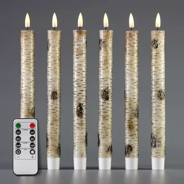 Birch Bark Flameless LED Taper Candles with Remote, Flickering Real Wax Battery