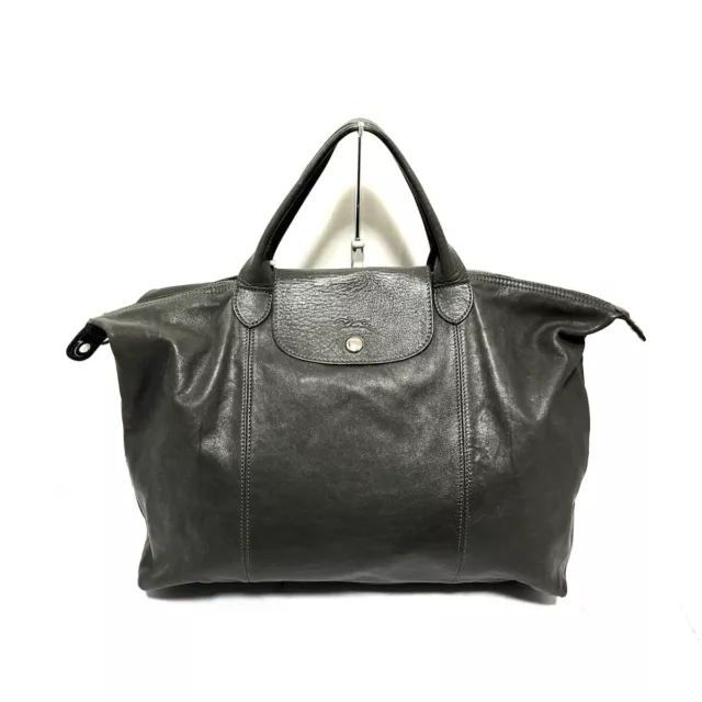 Auth LONGCHAMP Le Pliage Cuir - Gray Leather Handbag