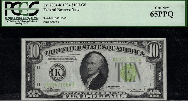 1934 $10 Federal Reserve Note Dallas FR-2004-K - Light Green Seal - PCGS 65PPQ