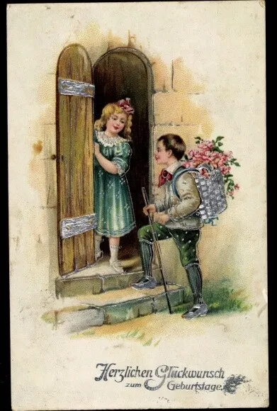 Präge Ak Glückwunsch Geburtstag, Mädchen an der Tür, Junge mit... - 10593877