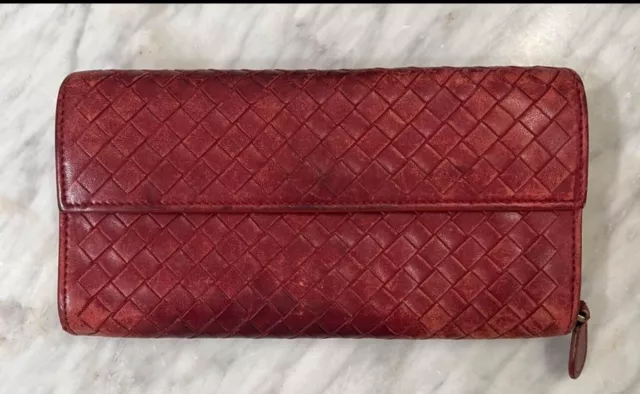 BOTTEGA VENETA Intrecciato Brick Red Leather Woven Zip Around Long Wallet