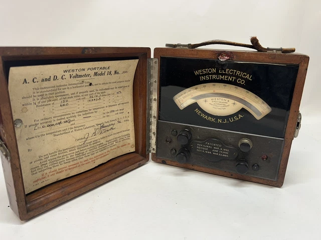Antique Weston Electrical Instrument Direct Current Voltmeter, Wood Box Model 18 Antique Weston Electrical Instrument Direct Current Voltmeter, Wood Box Model 18