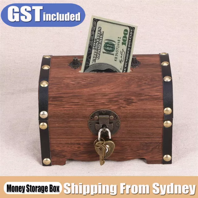 Wooden Treasure Chest Retro Money Storage Box Case Coin Piggy Bank Organizer AUS