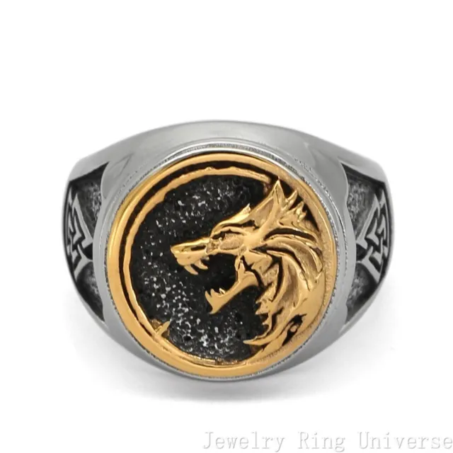 Men's Norwegian Ring Viking Stainless Steel Golden Wolf Aggressive Ring Gift