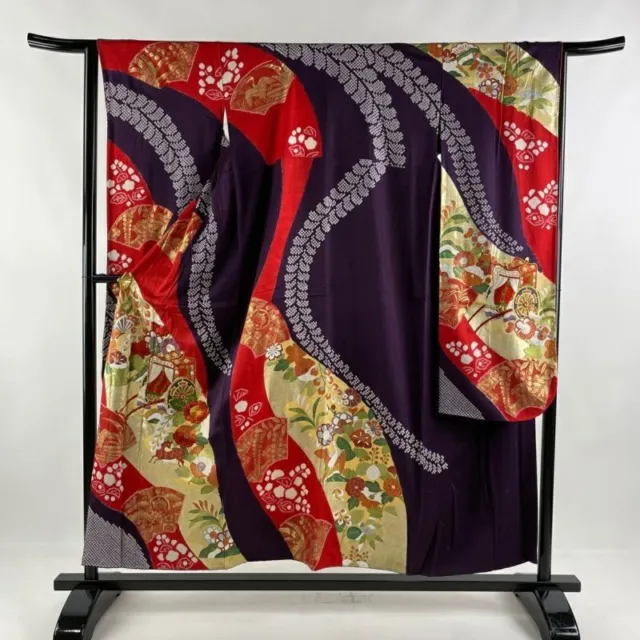 Japanese Kimono Furisode Pure Silk An Ox Drawn Coach Deer Embroidery Dark Purple