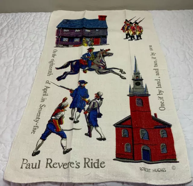 Vintage Kitchen Souvenir Towel, Paul Revere’s Ride, Boston, Mass, Linen