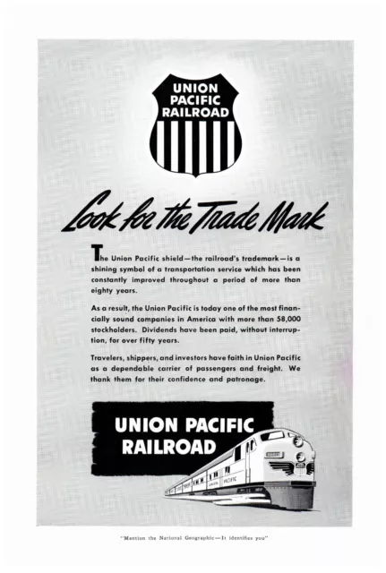 Union Pacific Railroad Shield Trade Mark B&W 1950 Print Ad 6.75"x10"