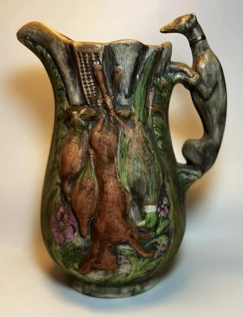 Vtg SIGNED Majolica Pitcher "AFTER THE HUNT" Greyhound Whippet Handle Birds