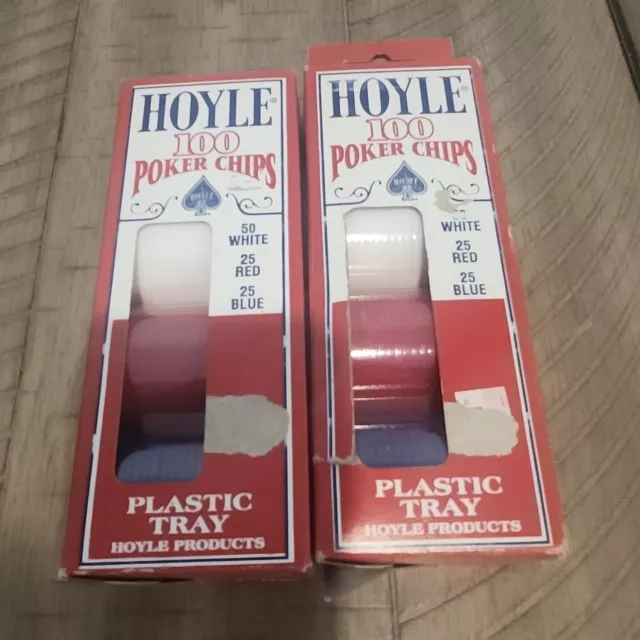 2  Set Hoyle Plastic Poker Chips 100 Count, 3 Colors Red White Blue 1992 Vintage
