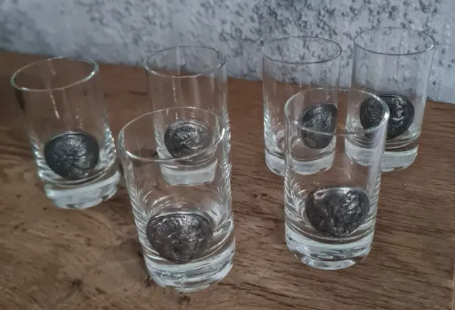 6 Likörgläser Schnapsgläser Gläser Glas mit römischen Münzen