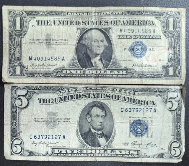1957 $1 One Dollar and 1953 $5 Five Dollar Silver Certificates             (083)