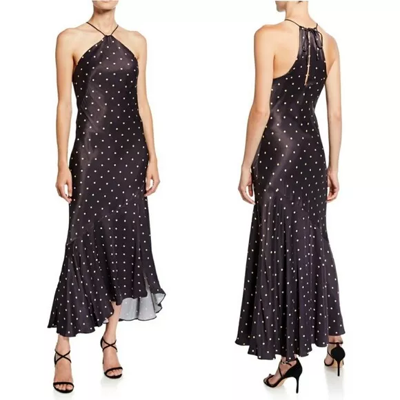 NWT Shona Joy Odel Polka Dot Bias Cut Midi Halter Dress Size 8 Retail $470