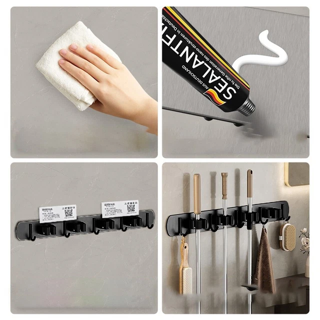 Porte-brosse à vadrouille élégant et élégant avec porte-clips noir (2 clips