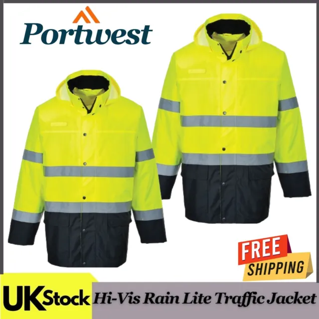 Giacca da traffico Portwest Hi-Vis impermeabile contrasto pioggia leggera cappotto foderato con cappuccio