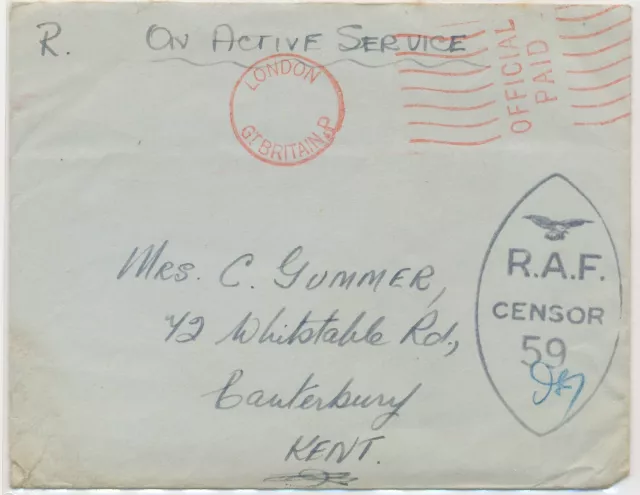 GB 194? "LONDON / Gt.BRITAIN.P / OFFICIAL / PAID" rare red machine-postmark WWII