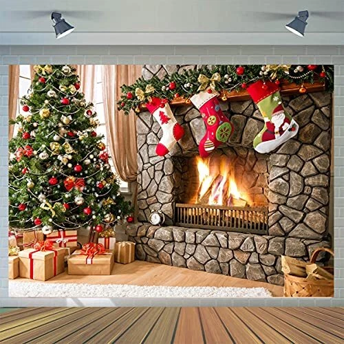 7x5FT Christmas Photography Backdrops Child Christmas Fireplace Decoration Ba...