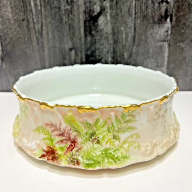 TV Limoges Large Hand Painted Pudding Serving Bowl Round Victorian Ferns