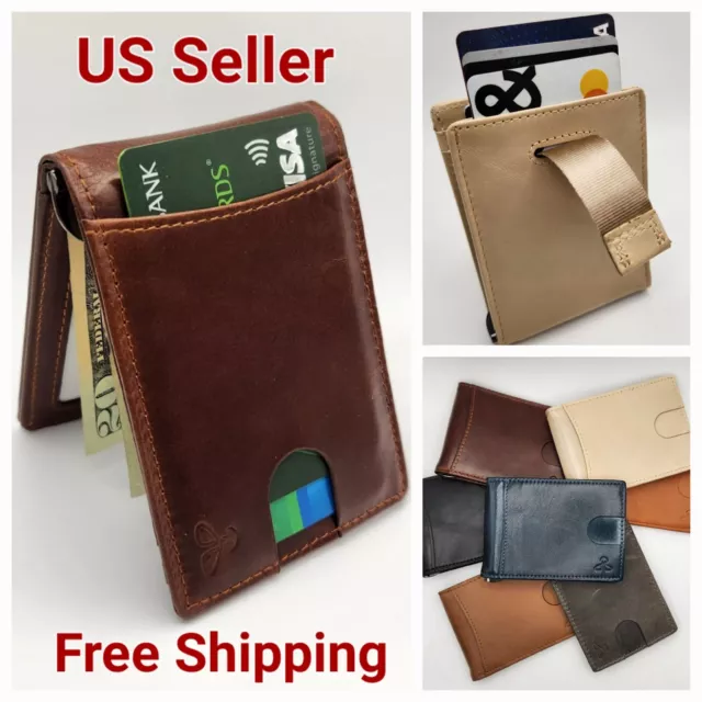Mens RFID Blocking Slim Leather Wallet Card Holder with Removable Money Clip
