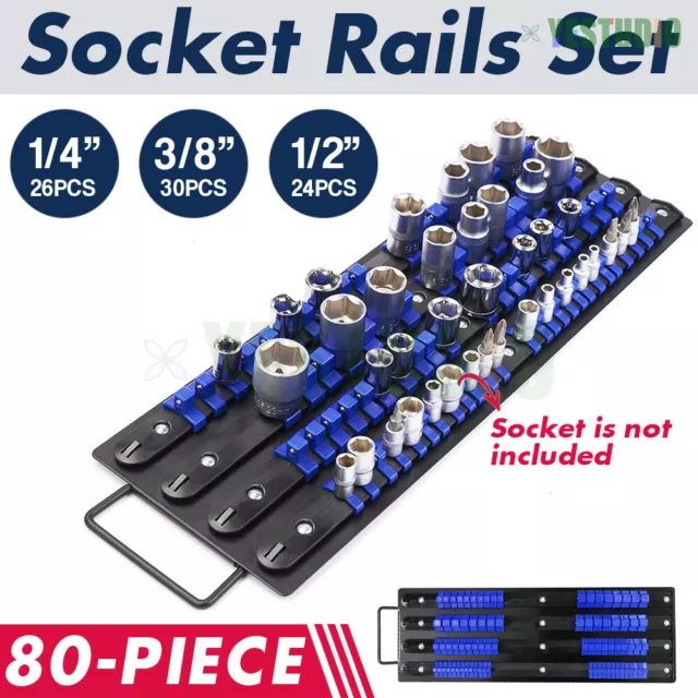 80-Mixed Socket Rail Storage Set Organizer Tray 1/2" 3/8" 1/4 Drive Holder Grip