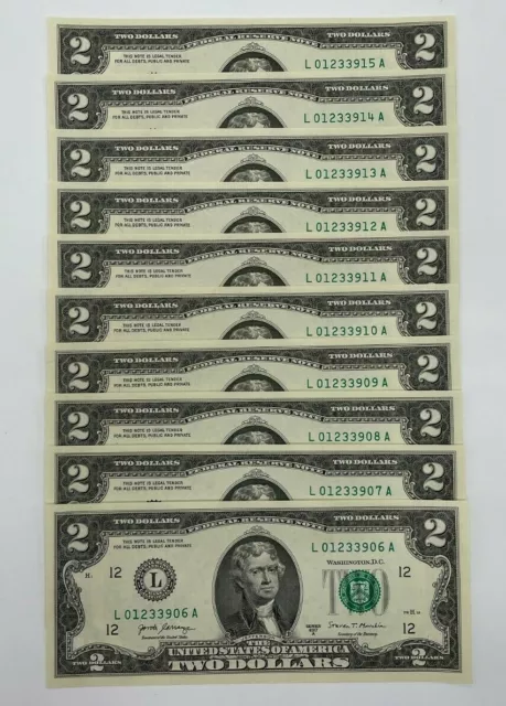 NEW Uncirculated Two Dollar Bills Series 2017A $2 Sequential Notes Lot of 10