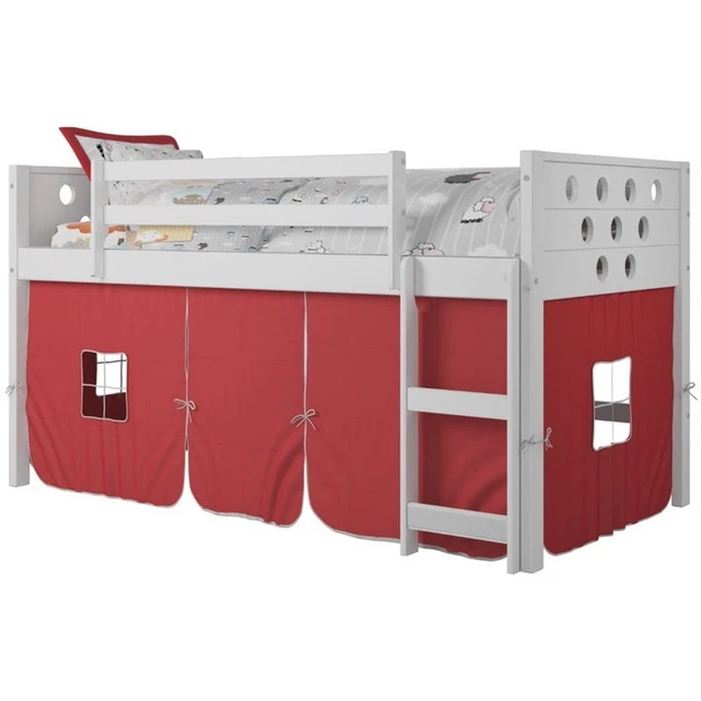 Donco Kids Circles Twin Wooden Low Loft Bed with Red Tent in White