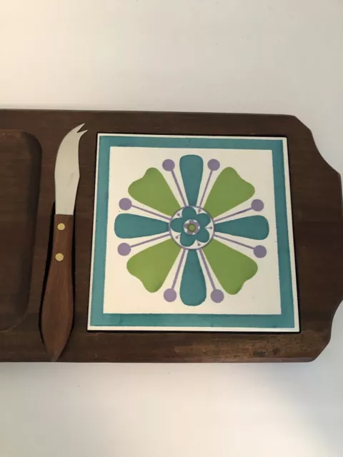 Vintage Wood Tile Cheese Charcuterie Board w/ Knife Midcentury Modern