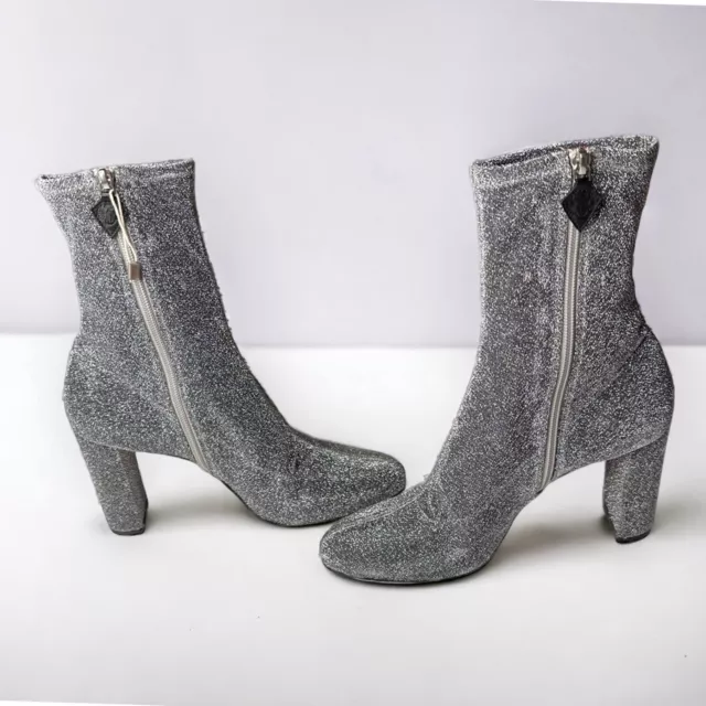 Oskar Tiye 10.5 Lame Silver Sparkle Lux Ankle Boots Block Heel New 2