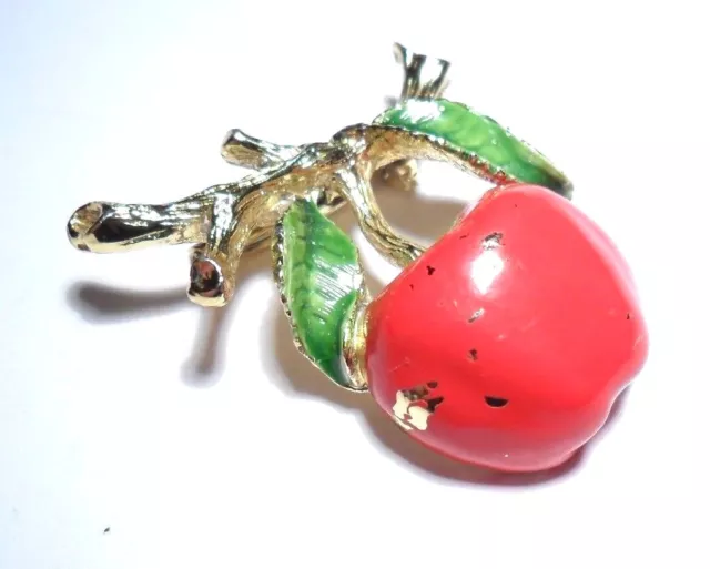 Vintage Gerry's Apple Leaves Red Green Enamel Brooch Costume Jewelry