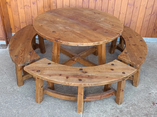 Tavolo & 4x Banca Francia Brutalist Pranzo Panchina Vintage 60er Retrò Legno