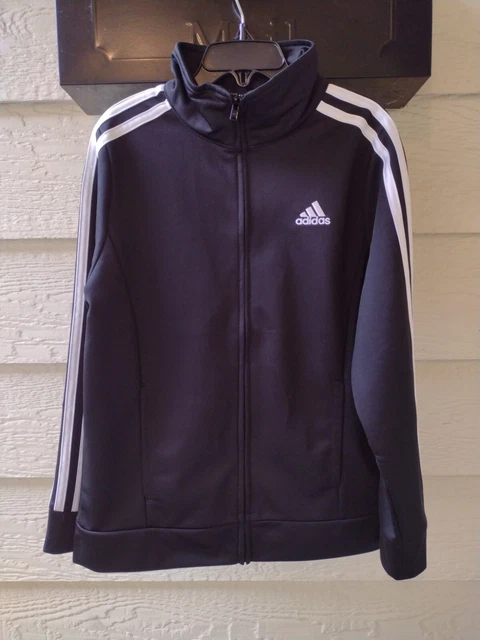 Adidas Girls Full Zip Track Jacket Black White Stripe Size M 10-12 New