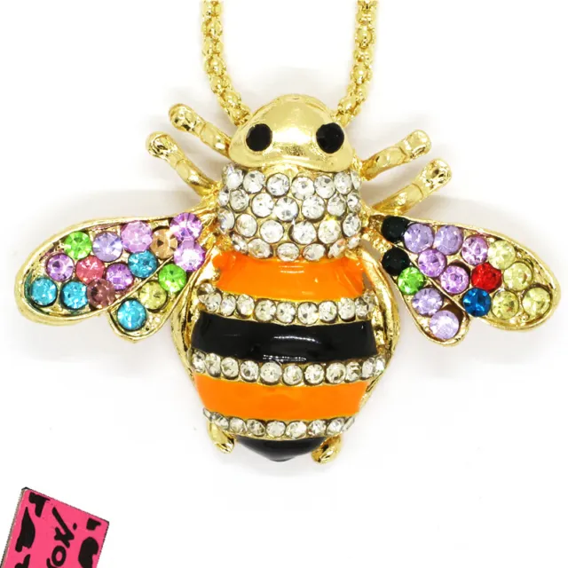 New Betsey Johnson Colorful Enamel Cute Bee Honey Crystal Pendant Chain Necklace