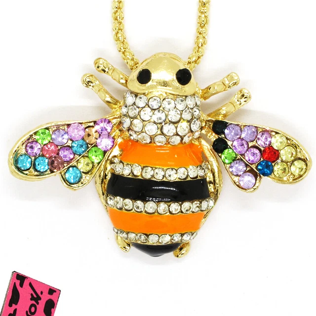 New Betsey Johnson Colorful Enamel Cute Bee Honey Crystal Pendant Chain Necklace