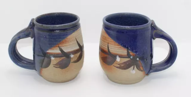 Set of Two Hand Made Art Pottery Coffee Mugs Cobalt Blue Brown Signed