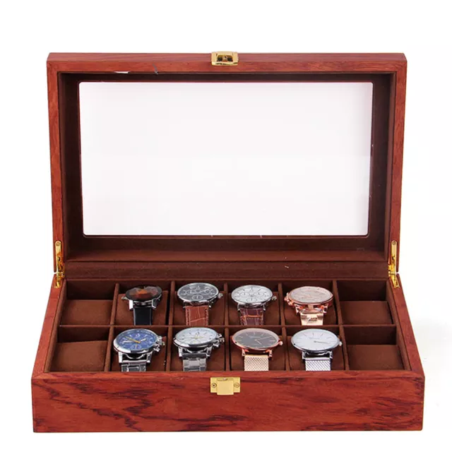 12-Slot Wooden Watch Display Box W/ 6 Separate Compartments Jewelry Storage Box