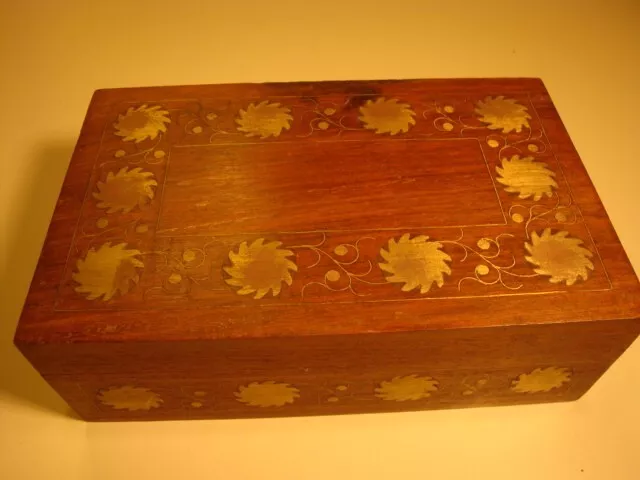 Vintage jewelry keepsake trinket  brass inlaid, exotic wood, red felt lined box