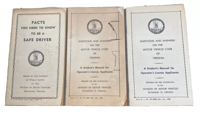 Colección de 3 folletos de conducción segura Richmond Virginia VA DMV 1956-58