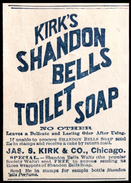 1891 KIRK'S SHANDON BELLS TOILET SOAP & Society Waltz Orig Antique Vtg PRINT AD