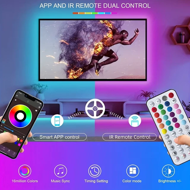 Music Video Led Light LED STRIP LIGHTS Music Sync RGB Colour Changing Lights with App Control ...