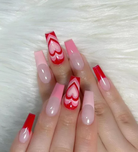 24Pcs French Pink Red Heart False Nails Long Coffin Full Artificial Nail Tips