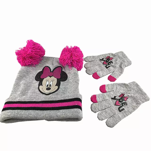 Disney Minnie Mouse Beanie with Gloves Set, Girls Knit Hat and Gloves Set Gray