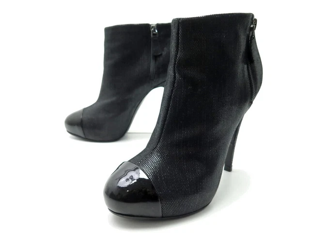 Chaussures Chanel Bottines G28290 Toile Et Cuir Noir T 38 Black Low Boots 1400€