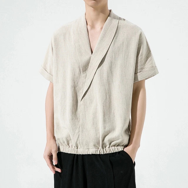 Uomo Cinese Lino T-Shirt Casual Hanfu Manica Corta Scollo A V Camicetta Estiva
