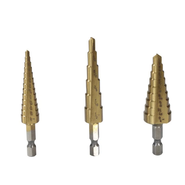 3 Piece M2 High Speed Steel Step Drill Bit Set - 1/4" Quick Change Hex Shank