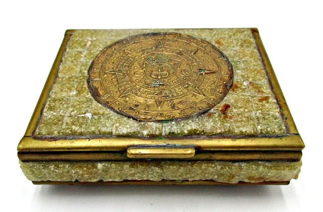 Vintage Made in Mexico Cigarette Box Unique Stone & Brass Aztec Calendar