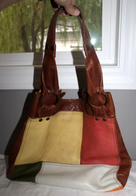 Vintage Lucky Brand Soft Leather Multicolored Patchwork Shoulder Bag Purse 24"