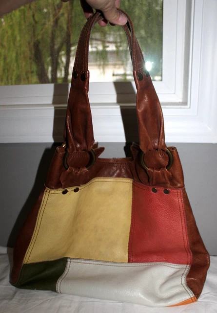 Vintage Lucky Brand Soft Leather Multicolored Patchwork Shoulder Bag Purse 24"