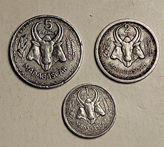 Monnaies Madagascar Aluminium 3 Pièces 5. 2 & 1 FRANCS colonisation