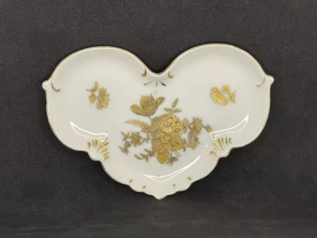 Antique Porcelain Heart Shaped Trinket Dish White with Gold Floral Marked G1073